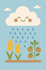 Cloud Seeding Cartoon Illustration with Smiling Cloud in Minimalist Flat Style. Cute Agricultural Rain Concept Vector with Wheat and Tomato Plants.