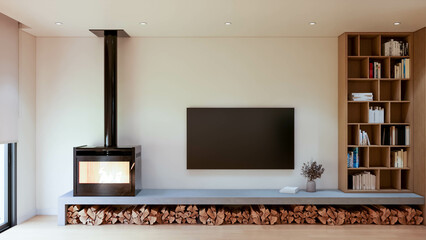 Photorealistic 3D rendering of a modern interior living room, digitally designed with no trademarks or recognizable copyrighted elements. Image created by a 3D artist for architectural visualization 