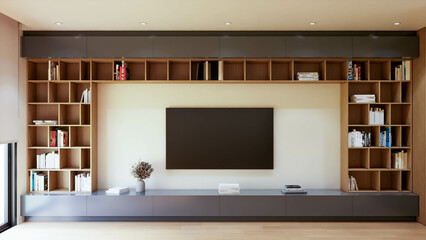Photorealistic 3D rendering of a modern interior living room, digitally designed with no trademarks or recognizable copyrighted elements. Image created by a 3D artist for architectural visualization 