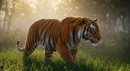 Naklejka premium Bengal Tiger in Morning Jungle Mist – Wildlife Wallpaper 4K