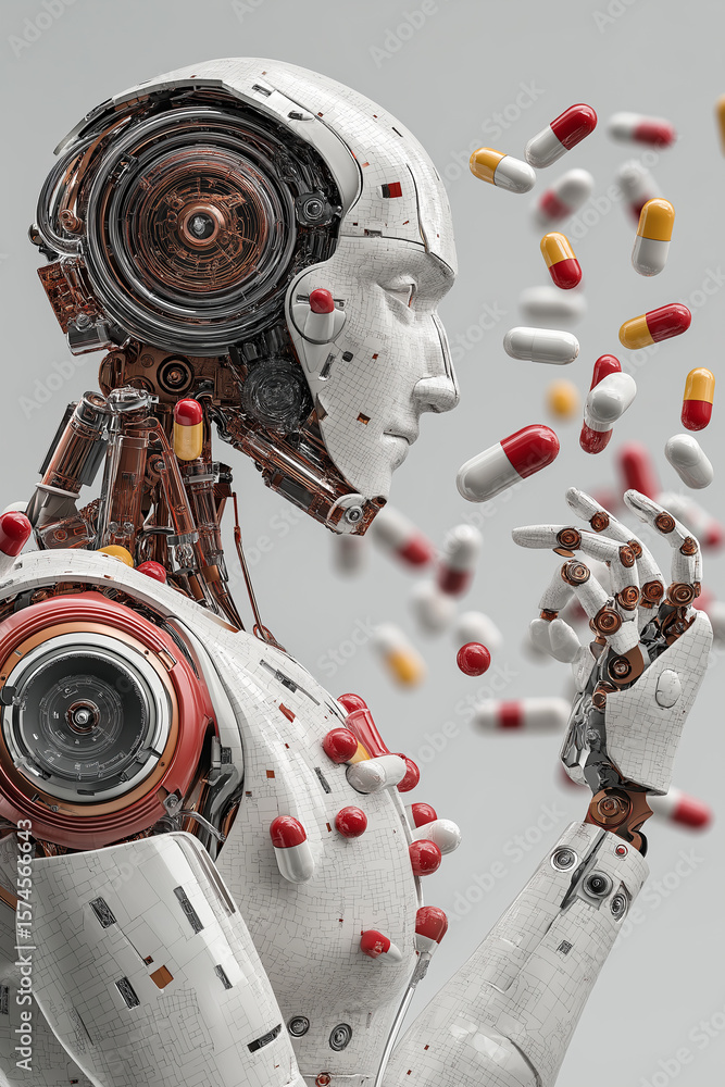 Poster humanoid robot with intricate mechanical details is surrounded by floating capsules, symbolizing int