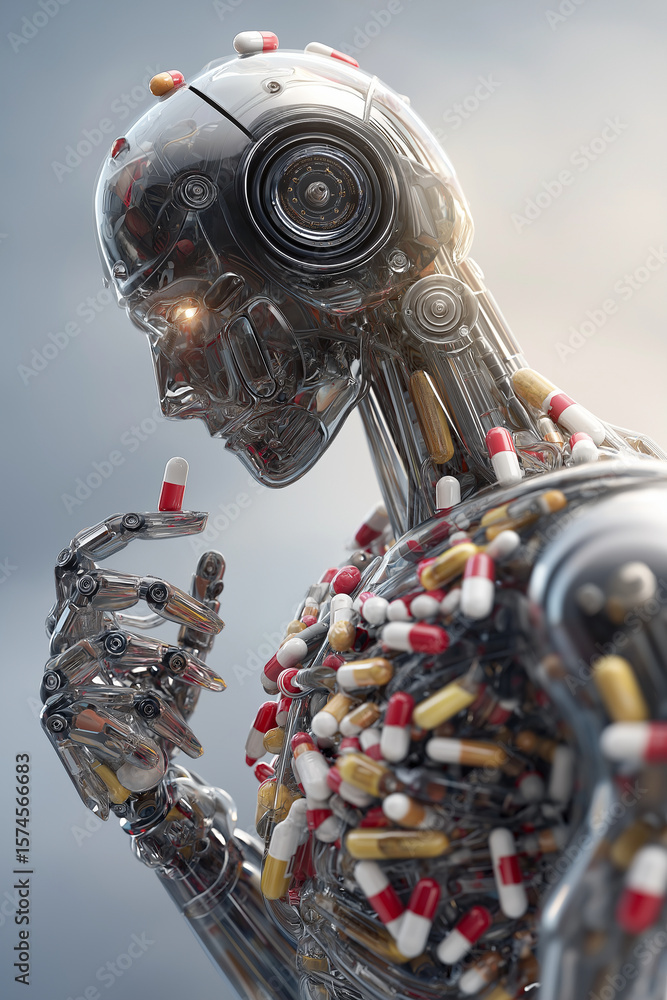 Poster futuristic robot with transparent body is covered in various pills, symbolizing intersection of tech