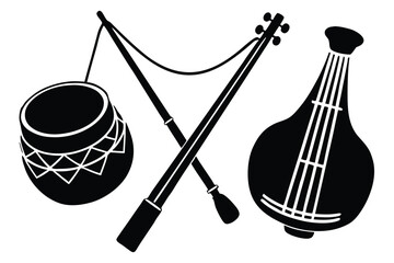 Traditional indian musical instruments drum bow and stringed instrument