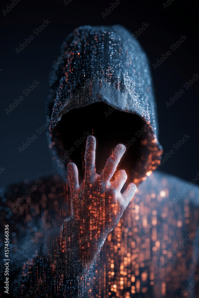 Poster mysterious figure in digital hooded cloak reaches out, symbolizing threat of cyber attacks and rise 
