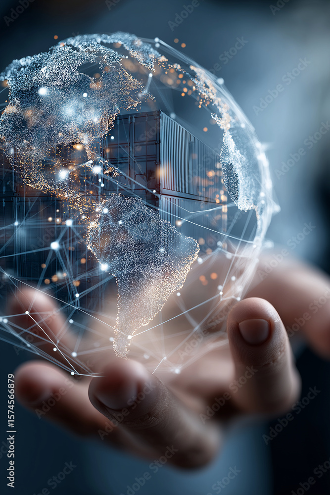 Poster hand holds digital globe with illuminated connections, symbolizing global communication and technolo