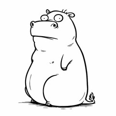 Cartoon Hippo with a Curious Expression, Black and White Artwork