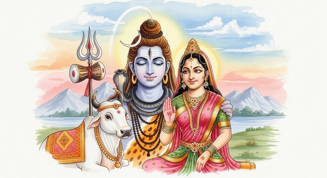 Watercolor Shiv Parvati with Nandi &ndash; Artistic God Wallpaper (16:9)