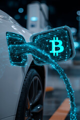 Electric vehicle charging with blockchain technology concept, featuring digital network overlay and cryptocurrency symbol. futuristic design highlights innovation in energy solutions