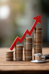 Stacks of coins with red upward arrow symbolize financial growth and interest rate hikes, while stethoscope suggests connection to healthcare economics