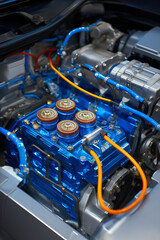 Electric vehicle motor with vibrant blue casing and orange cables, showcasing advanced battery technology and engineering. intricate design highlights innovation in sustainable transportation