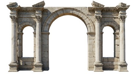 ancient white stone arch with Corinthian columns, dramatic shadows, ruins aesthetic