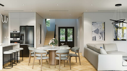 Photorealistic 3D rendering of a classic interior kitchen, digitally designed with no trademarks or recognizable copyrighted elements. Image created by a 3D artist for architectural visualization 