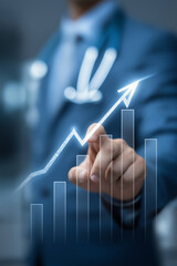 Person in suit with stethoscope is pointing at rising graph, symbolizing growth in healthcare and financial markets. image conveys progress and success