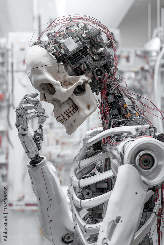 Poster humanoid robot with skeletal design and exposed wiring stands in thoughtful pose, showcasing advance