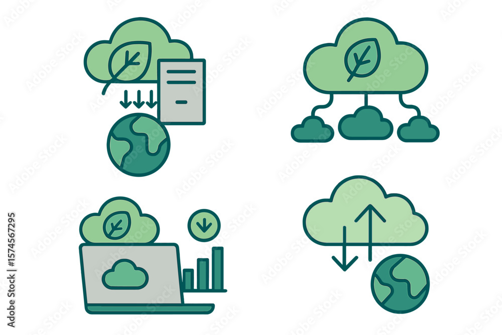 Poster illustration depicting cloud computing and data transfer with eco-friendly elements and global conne