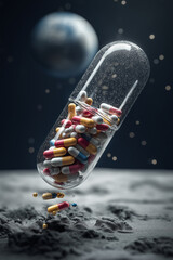 Large transparent capsule filled with colorful pills floats space like environment, symbolizing futuristic healthcare and pharmaceutical innovation. scene is set against cosmic backdrop
