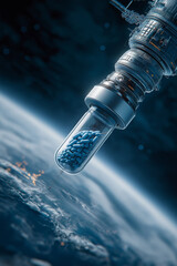 Futuristic capsule filled with blue pills is depicted space, symbolizing intersection of healthcare innovation and pharmaceutical development. scene conveys sense of advanced technology