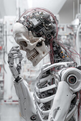 Humanoid robot with skeletal design and exposed wiring stands in thoughtful pose, showcasing advanced robotics and industrial automation in futuristic laboratory setting
