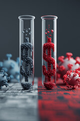 Two test tubes filled with virus like particles form dollar signs, symbolizing intersection of medical research and global economic impact. background features virus models, highlighting theme