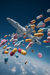 Futuristic spacecraft surrounded by colorful capsules and tablets floats above Earth, symbolizing intersection of space exploration and pharmaceutical innovation