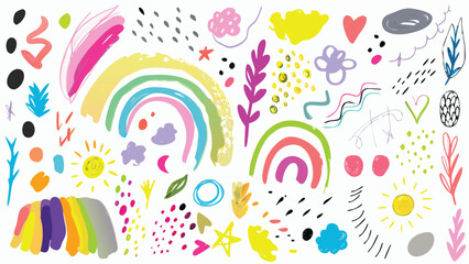 Illustration of colorful abstract shapes including rainbows, suns, and floral elements