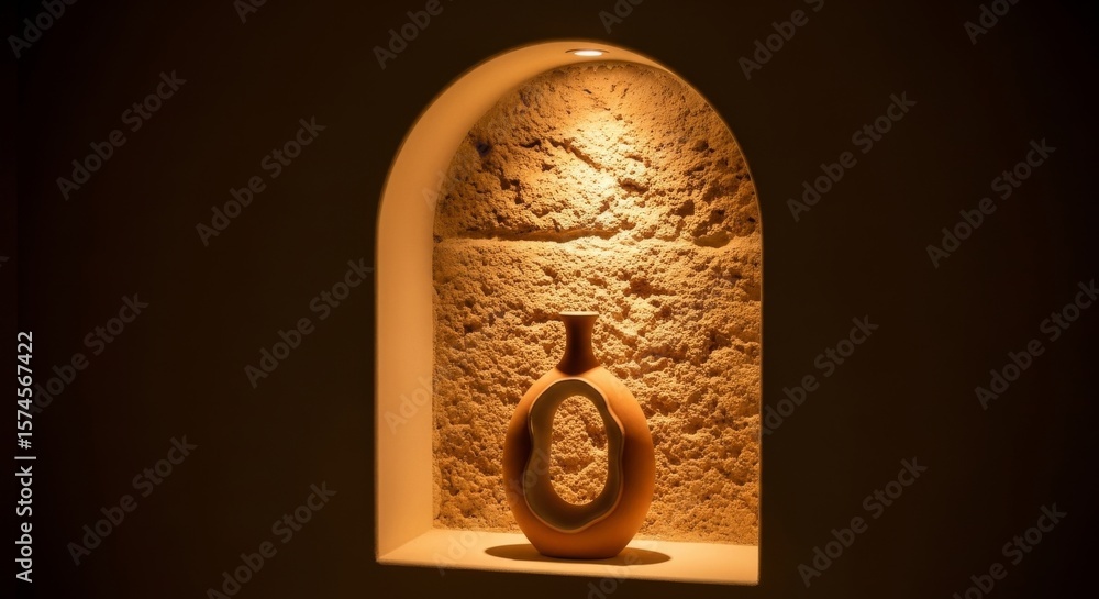 Aufkleber illuminated niche with ceramic vase - a rustic ceramic vase sits illuminated in a recessed alcove wi