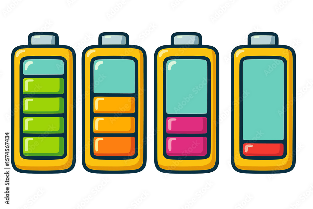 Poster battery levels display showing varying charge status in colorful design