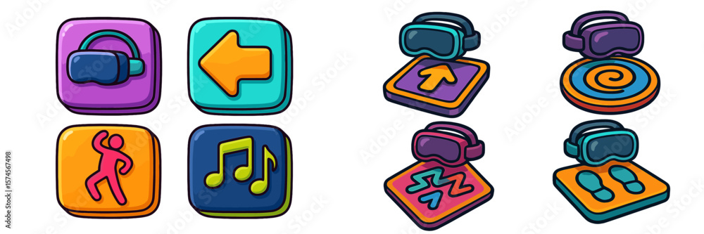 Poster colorful virtual reality interface buttons displayed on a digital screen for interactive gaming expe
