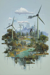 Surreal landscape featuring wind turbines and lush greenery symbolizes renewable energy and sustainable practices. scene blends nature with technology, creating harmonious vision of future