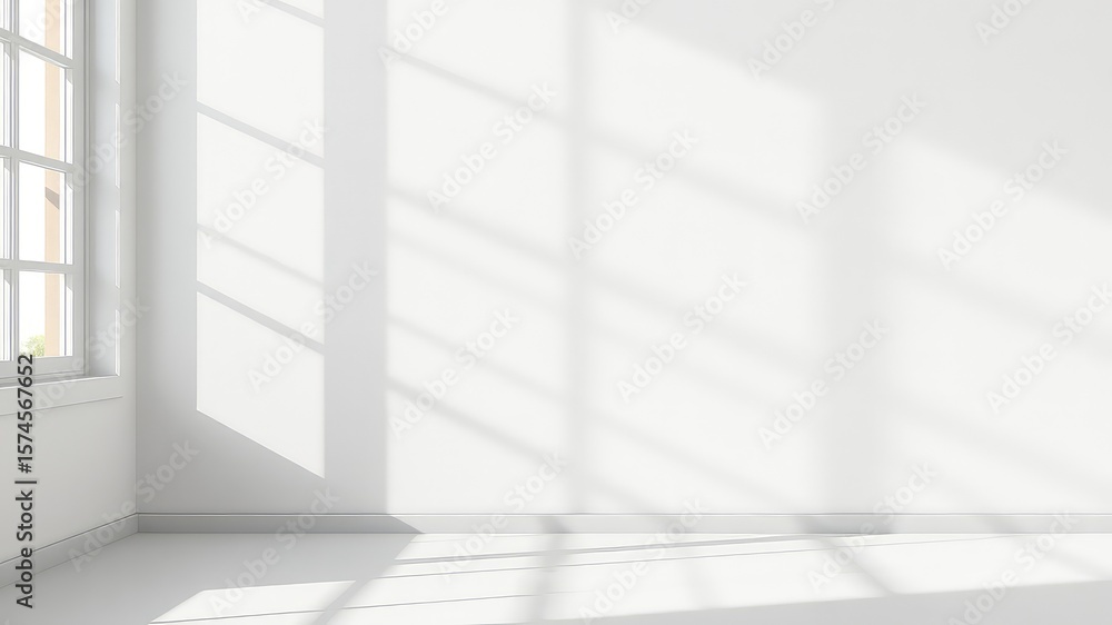 Poster bright sunny light entering a white room with geometric window shadow patterns enhancing the feeling
