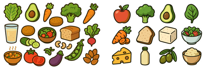 Colorful collection of fresh vegetables, fruits, and healthy foods arranged on a clean background
