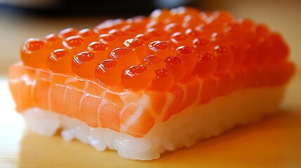 Close-up of a salmon nigiri sushi piece.