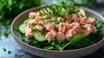 Delicious salmon salad with cucumber and spinach.