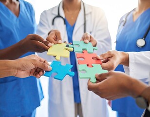 Diverse medical team collaborates on puzzle pieces