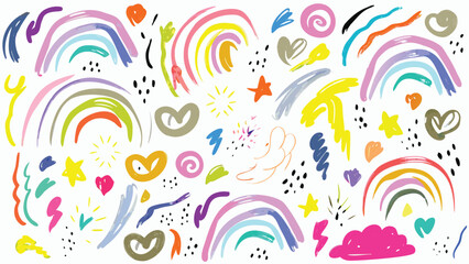 Illustration with multiple rainbows, hearts, stars, suns, clouds, and abstract shapes on a white background