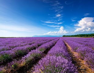 Fototapeta premium vibrant field of purple lavender flowers stretches under bright blue summer sky creating peaceful and colorful natural scene