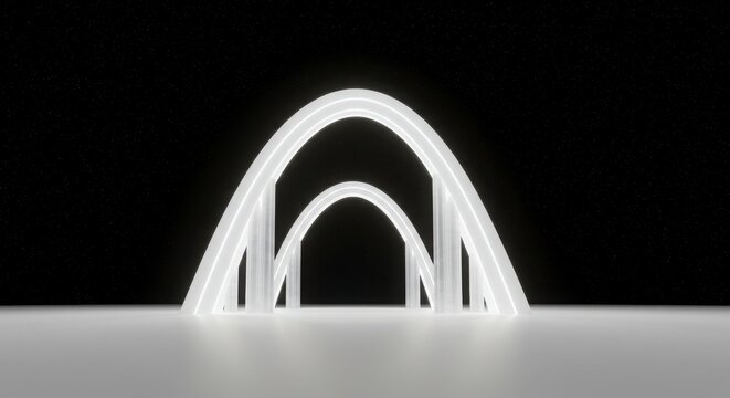 futuristic glowing white arch, translucent columns with sci-fi tone on night sky background