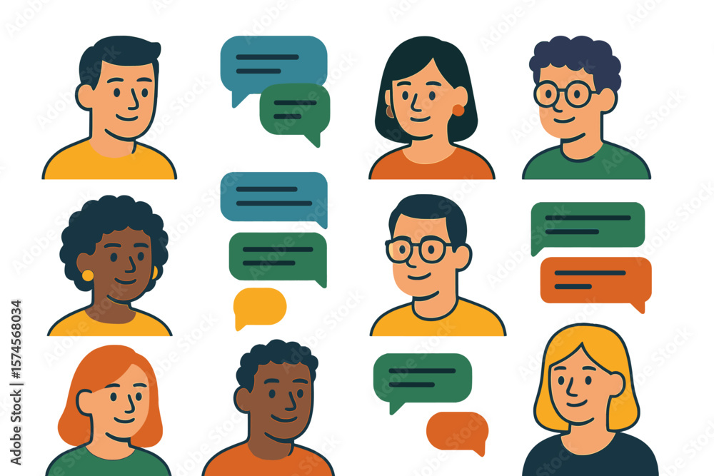 Poster group of diverse individuals engaging in conversation with colorful speech bubbles in a friendly set