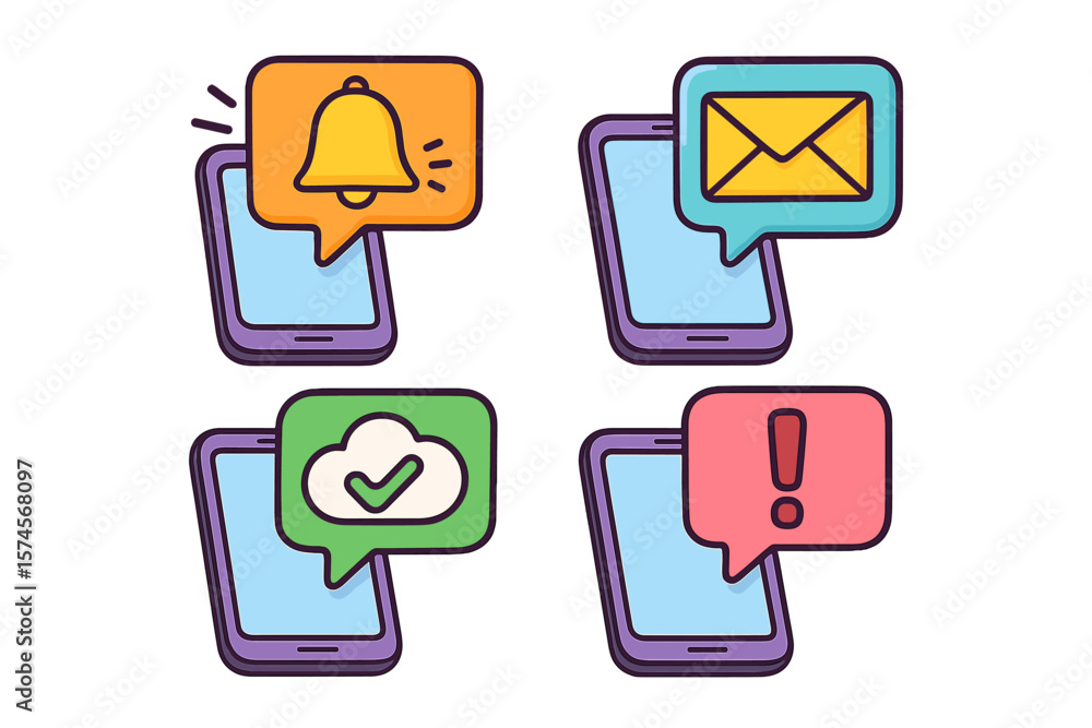 Poster notifications and alerts displayed on mobile devices illustrating modern communication methods