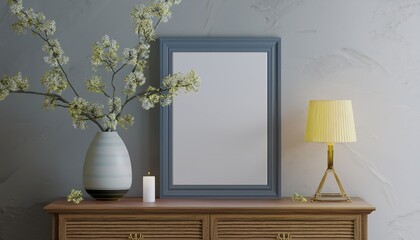 small vertical frame standing on traditional chest of drawers decorated with lamp candle and blooming branches in vase 3d rendering