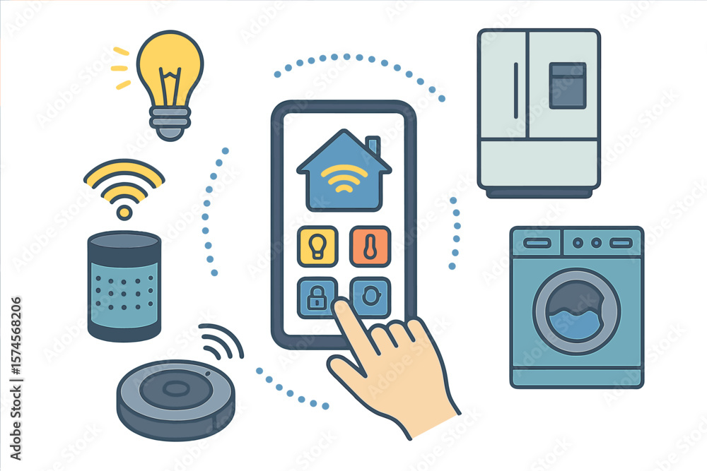 Poster smart home technology offers convenience by connecting devices through a single app for daily tasks 