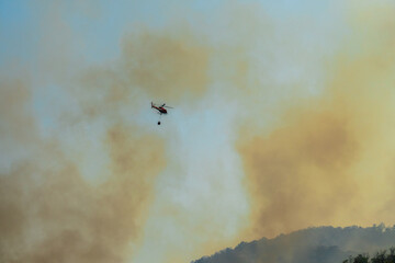 Fire fighting helicopter carry watethar bucket to extinguish the forest fire.