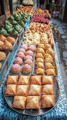 Vibrant market stall displays various colorful pastries. A delightful array of traditional sweet and savory treats.
