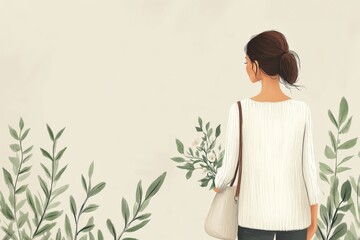 Illustrated woman with bouquet of flowers in serene nature landscape