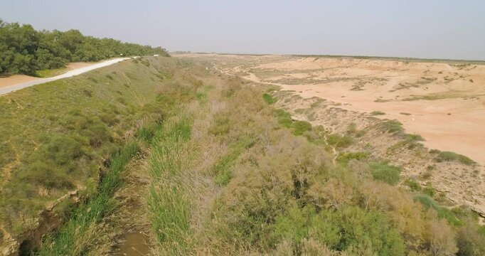 HaBesor,Israel-11 MARCH 2011: Aerial view of suspension bridge over a dry stream.