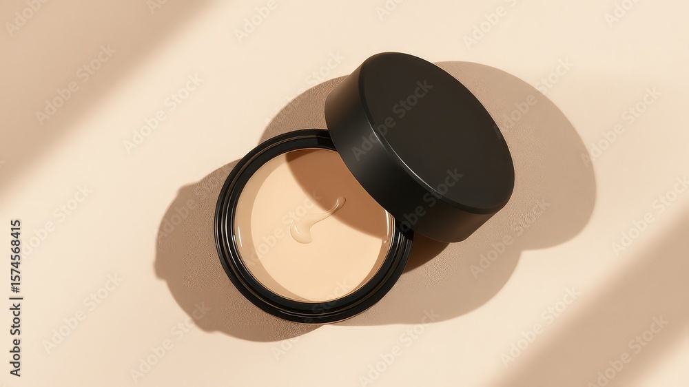 Poster minimalist presentation of a makeup foundation with a dark container lid casting a soft shadow on a 