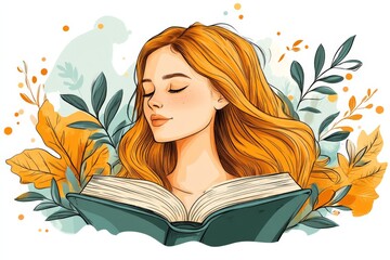 Peaceful female reading amidst nature with autumn leaves