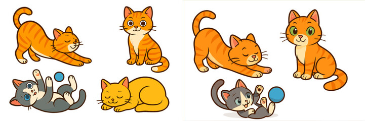 Colorful cartoon cats in playful poses, showcasing various expressions and activities such as stretching and playing with toys