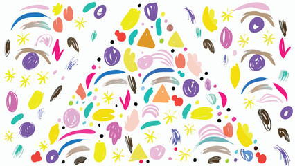 Abstract painting featuring eyes, stars, triangles, and various colorful shapes on a white background