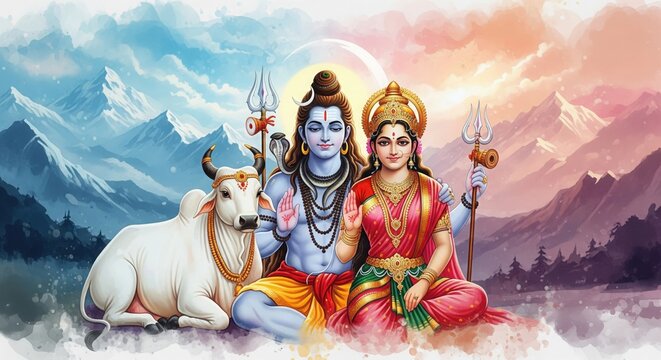 Watercolor Shiv Parvati with Nandi &ndash; Artistic God Wallpaper (16:9)